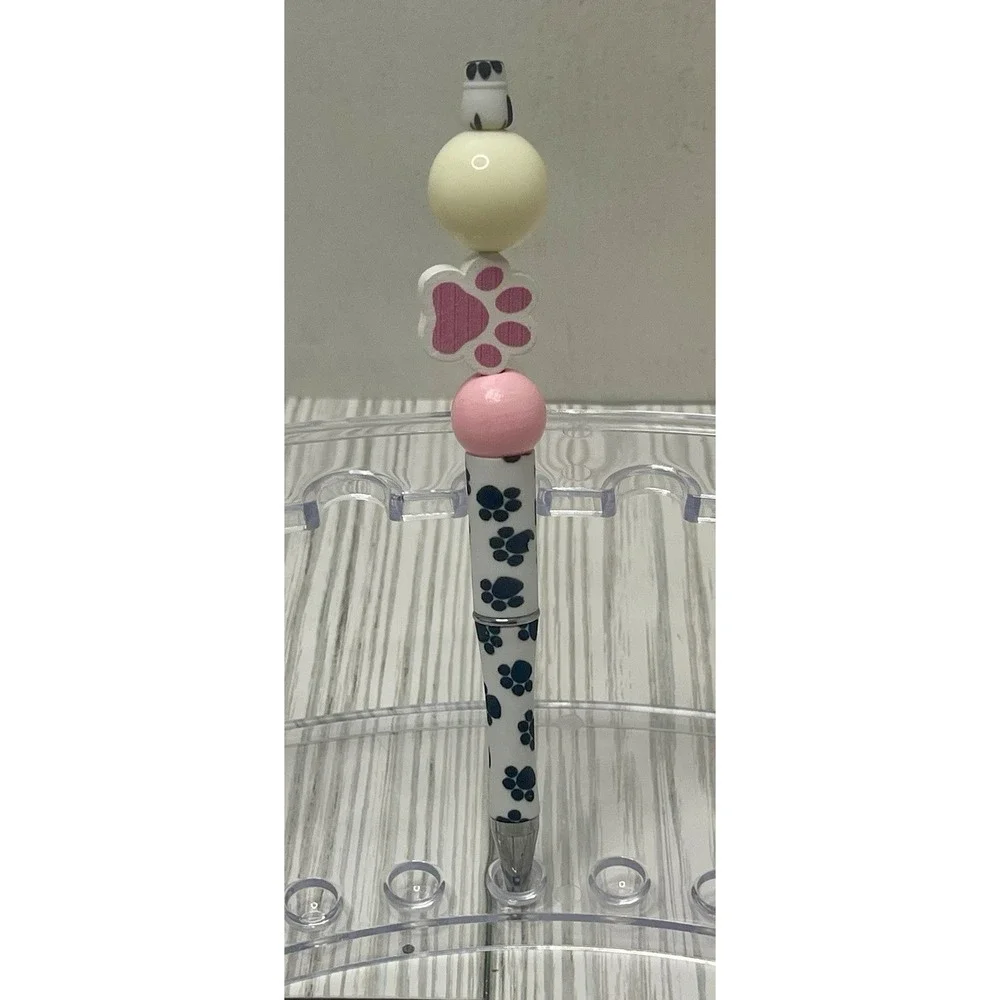 Beautiful Pink, Black And White Paw Print Beaded Pen Black Ink